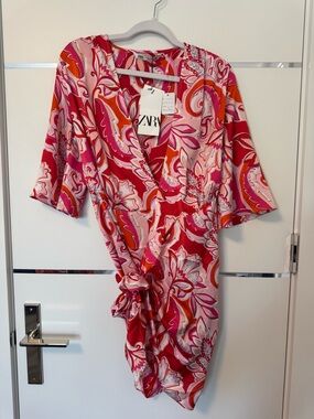 Zara Red and Pink Paisley Wrap Mini Dress